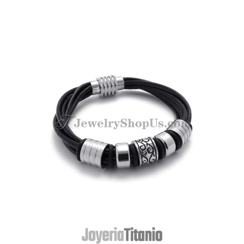 Elegante Pulsera De Cuero Negro Y Titanio