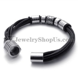 Elegante Pulsera De Cuero Negro Y Titanio