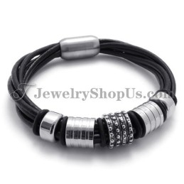 Elegante Pulsera De Cuero Negro Con Titanio