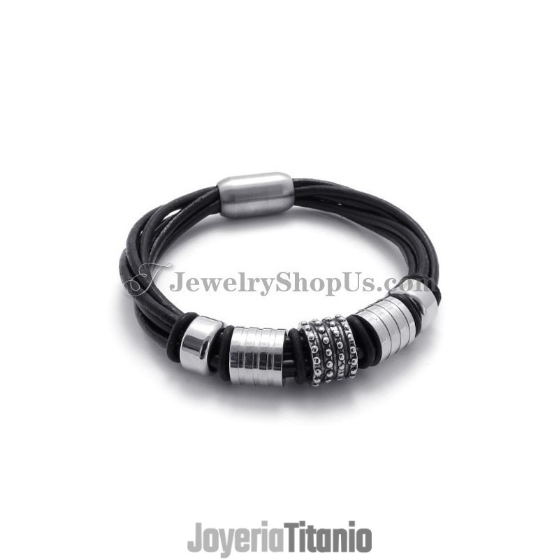 Elegante Pulsera De Cuero Negro Con Titanio Elegante Pulsera De Cuero Negro Con Titanio