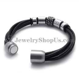 Elegante Pulsera De Cuero Negro Con Titanio