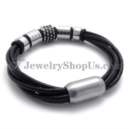 Elegante Pulsera De Cuero Negro Con Titanio