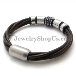 Elegante Pulsera De Cuero Marrón Con Titanio
