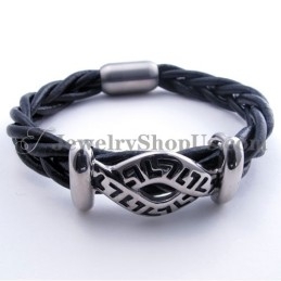 Pulsera De Titanio Y Cuero De Moda