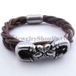 Pulsera De Titanio Y Cuero Marrón De Moda