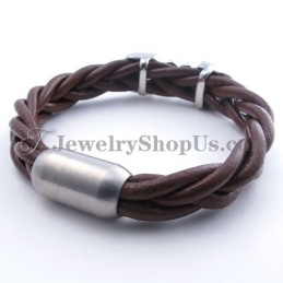 Pulsera De Titanio Y Cuero Marrón De Moda