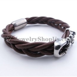Pulsera De Titanio Y Cuero Marrón De Moda