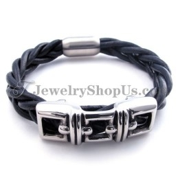 Elegante Pulsera De Cuero De Titanio Negro