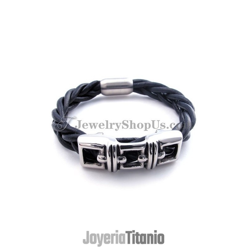 Elegante Pulsera De Cuero De Titanio Negro Elegante Pulsera De Cuero De Titanio Negro