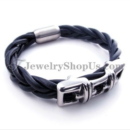 Elegante Pulsera De Cuero De Titanio Negro