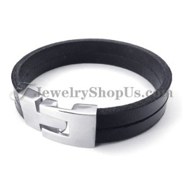 Elegante Pulsera De Cuero Negro Con Titanio