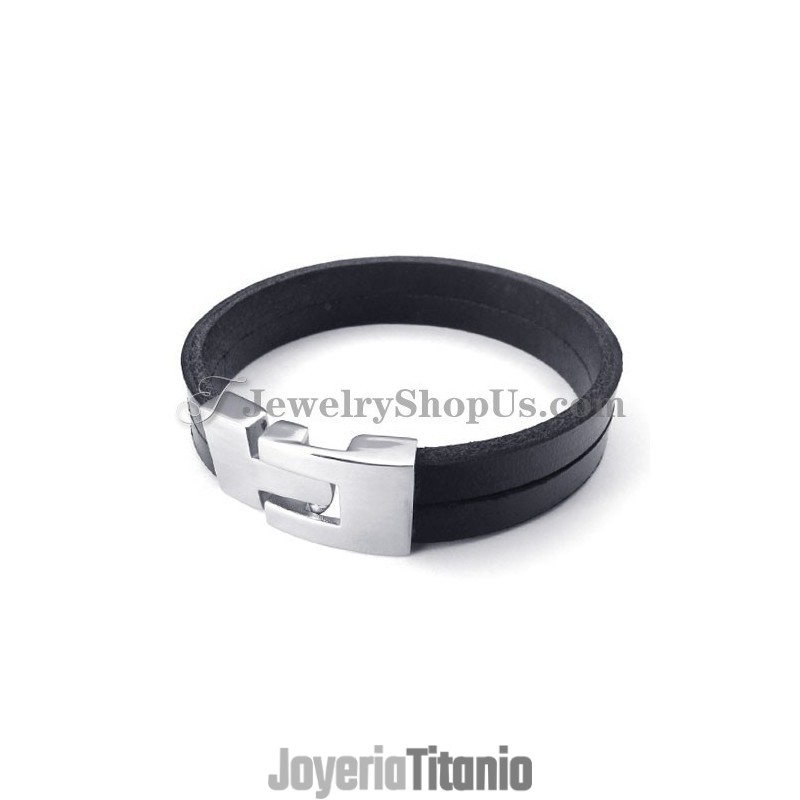 Elegante Pulsera De Cuero Negro Con Titanio Elegante Pulsera De Cuero Negro Con Titanio