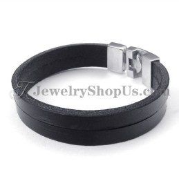 Elegante Pulsera De Cuero Negro Con Titanio