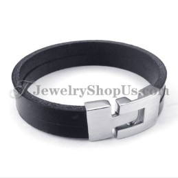 Elegante Pulsera De Cuero Negro Con Titanio