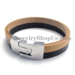 Elegante Pulsera De Cuero Negro Y Marrón Con Titanio