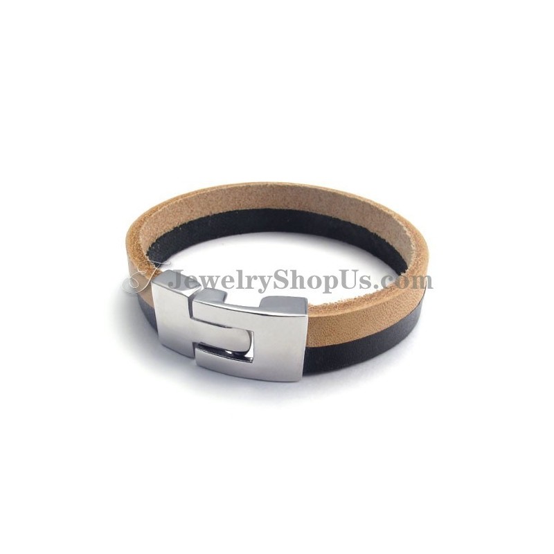 Elegante Pulsera De Cuero Negro Y Marrón Con Titanio Elegante Pulsera De Cuero Negro Y Marrón Con Titanio