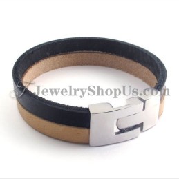Elegante Pulsera De Cuero Negro Y Marrón Con Titanio