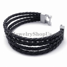 Elegante Pulsera De Cuero Negro Y Titanio