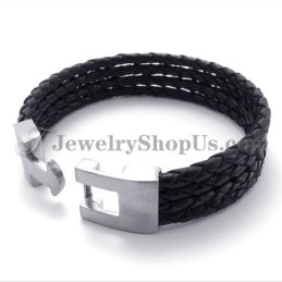 Elegante Pulsera De Cuero Negro Y Titanio