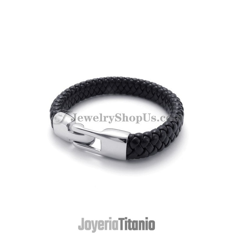 Preciosa Pulsera De Titanio Y Cuero Negro