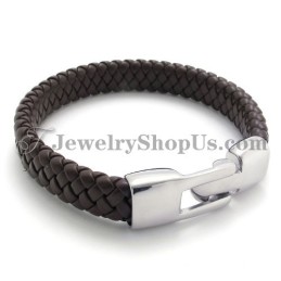 Elegante Pulsera De Titanio Y Cuero Marrón