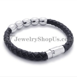 Pulsera De Cuero Negro Y Titanio