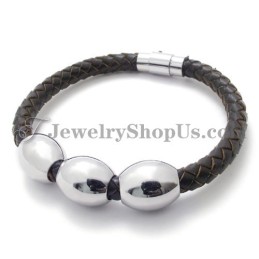 Pulsera De Titanio Y Cuero Marrón De Moda