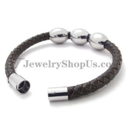 Pulsera De Titanio Y Cuero Marrón De Moda
