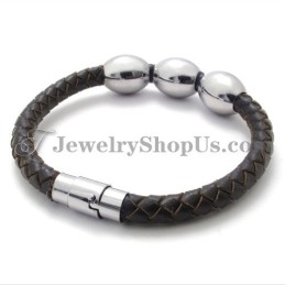 Pulsera De Titanio Y Cuero Marrón De Moda