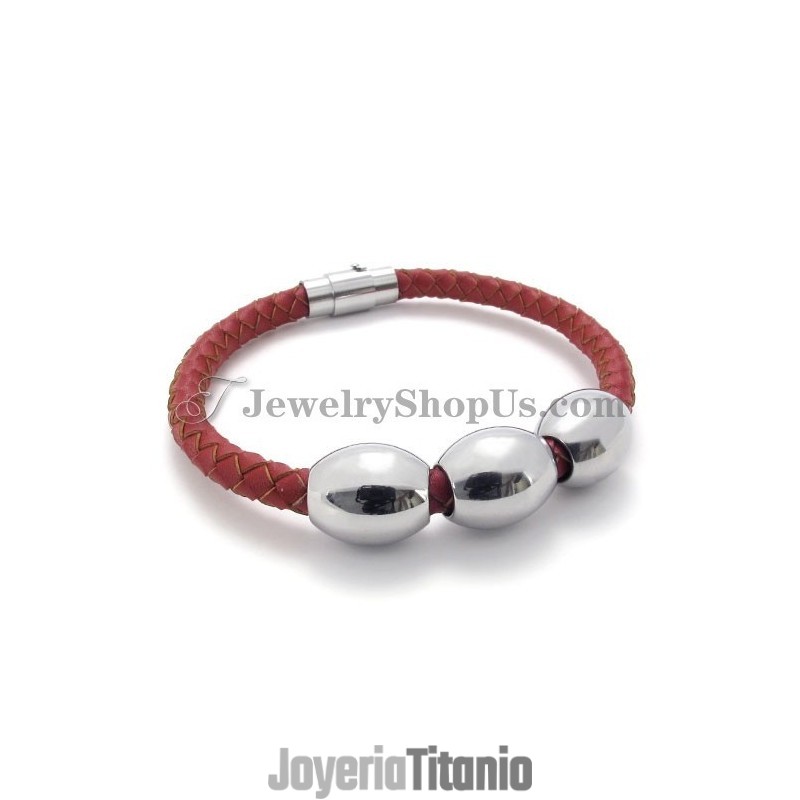 Pulsera De Titanio Rojo Y Cuero