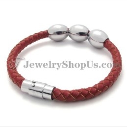 Pulsera De Titanio Rojo Y Cuero