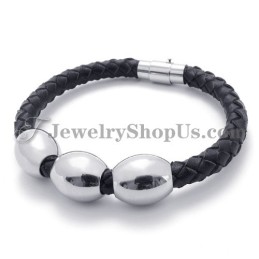 Pulsera De Titanio Y Cuero Negro De Moda