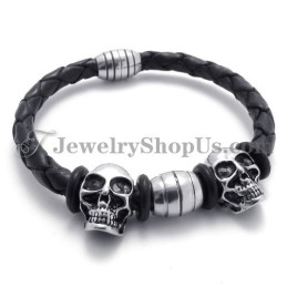 Elegante Pulsera De Cuero Con Calaveras De Titanio