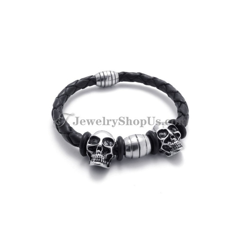 Elegante Pulsera De Cuero Con Calaveras De Titanio Elegante Pulsera De Cuero Con Calaveras De Titanio