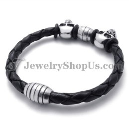 Elegante Pulsera De Cuero Con Calaveras De Titanio