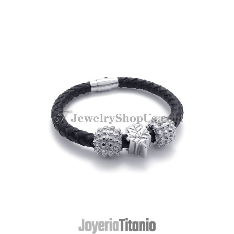 Pulsera De Titanio Y Cuero Negro